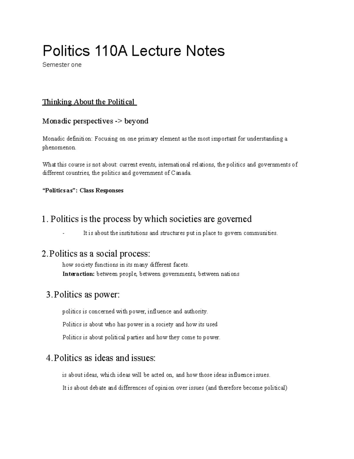 Politics 110A Lecture Notes - Politics 110A Lecture Notes Semester one ...