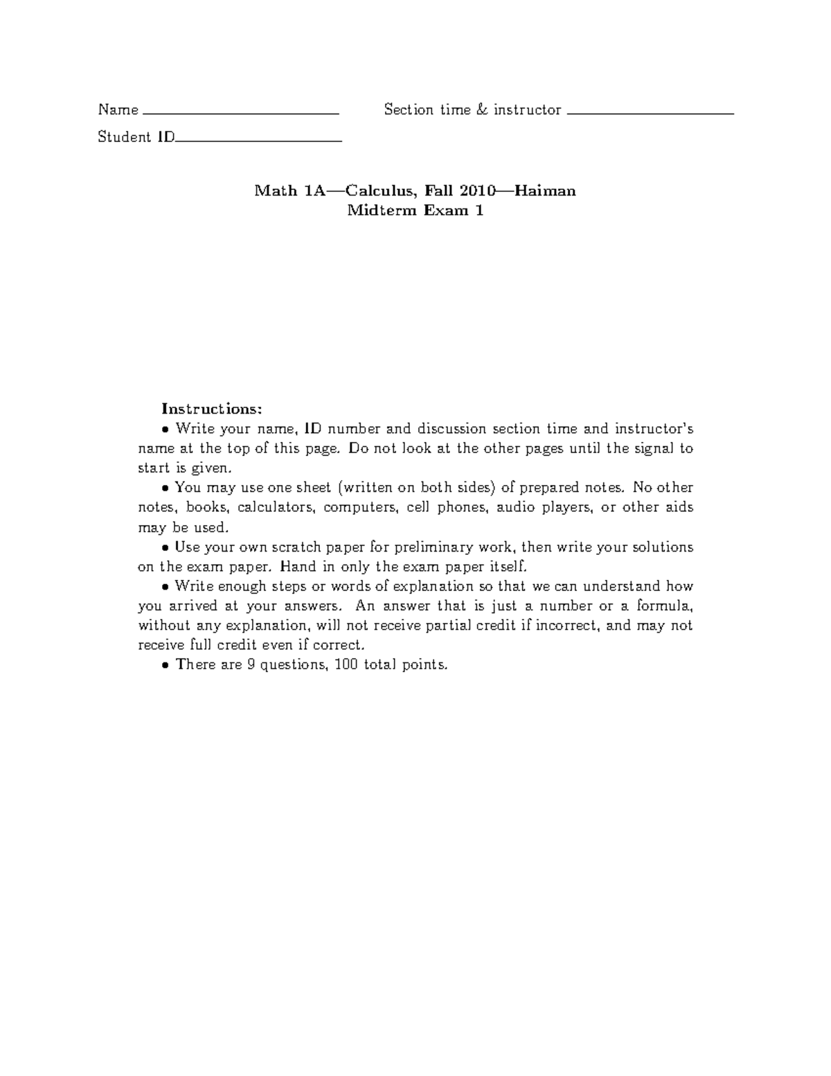 Fall-2010-exam1 - ..... - Name Section time & instructor Student ID ...