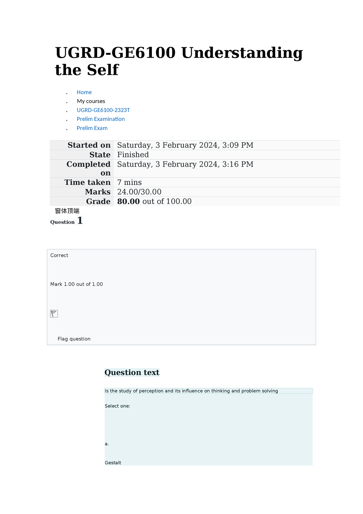 UGRD-GE6100-2323T PRELIM EXAM - UGRD-GE6100 Understanding The Self ...