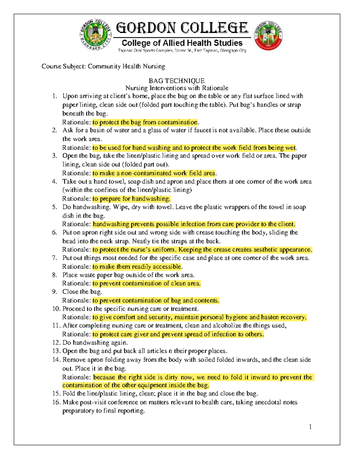 Bag Technique with Rationales Maternal and child health nursing Studocu