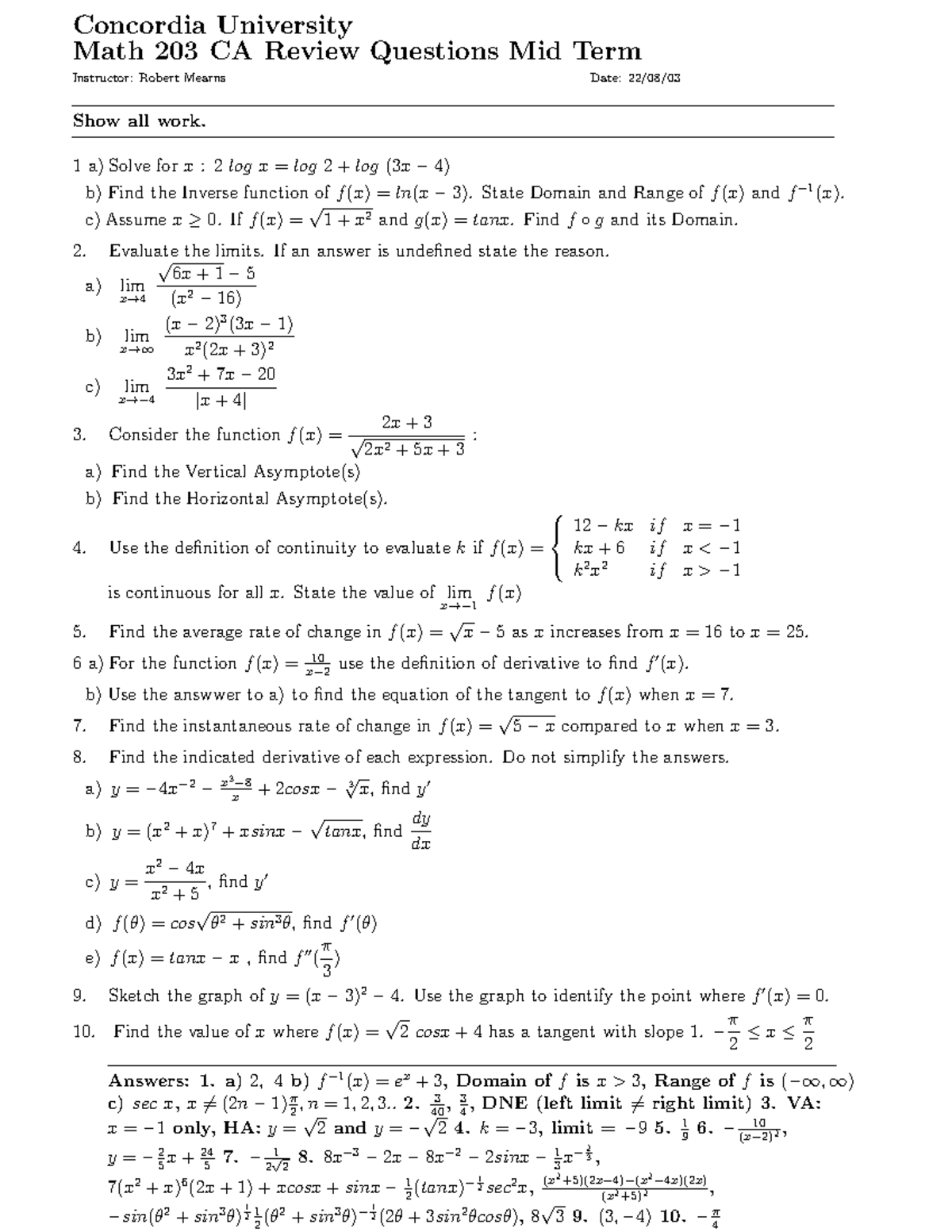 Mid Term Review Questions Concordia University Math 203 CA Review