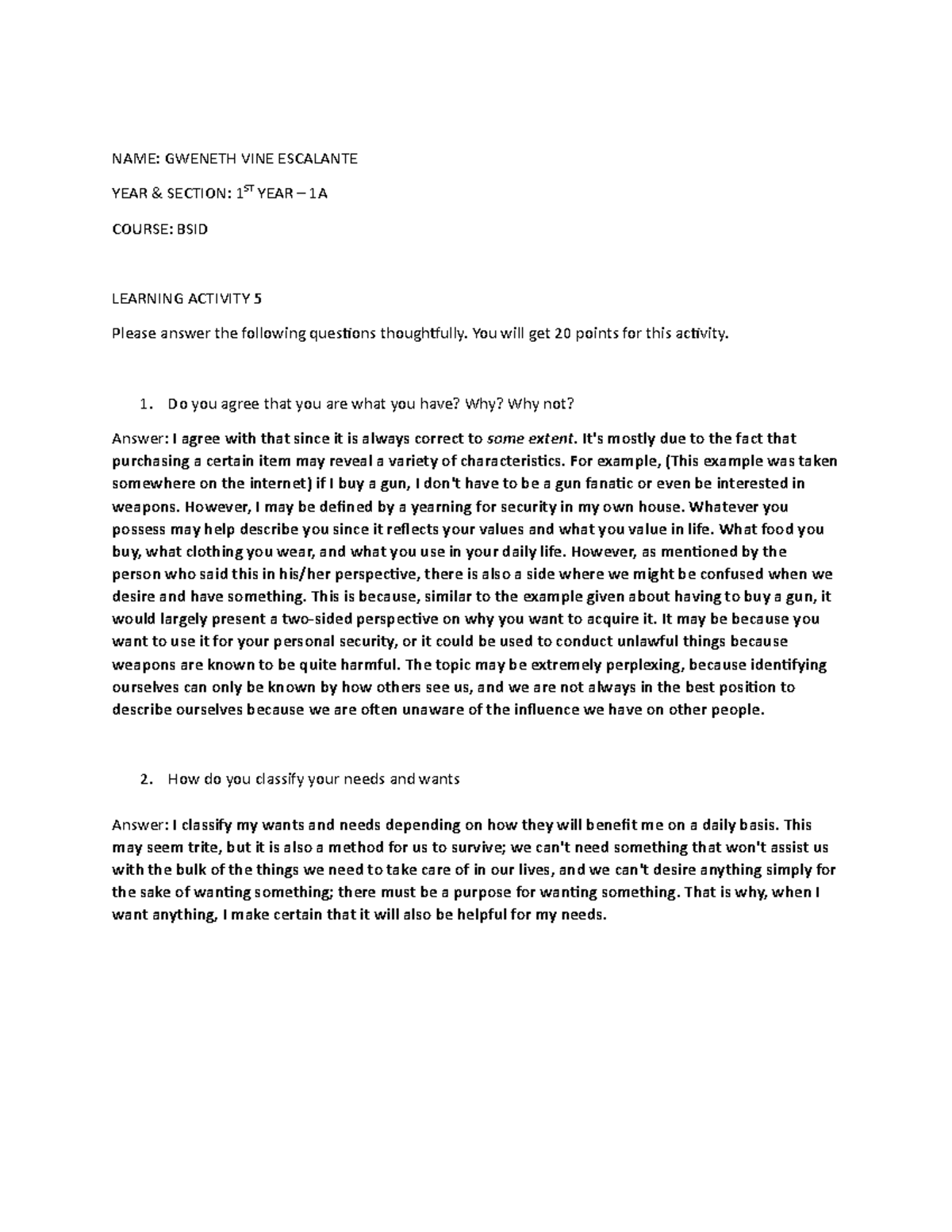 UTS 5 - Essay for the questions. - NAME: GWENETH VINE ESCALANTE YEAR ...