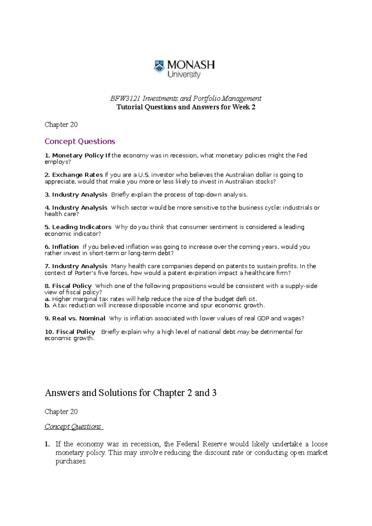 BFW3121 Tutorial Answers for Week 2 (Semester 2, 2021) - BFW3121 ...