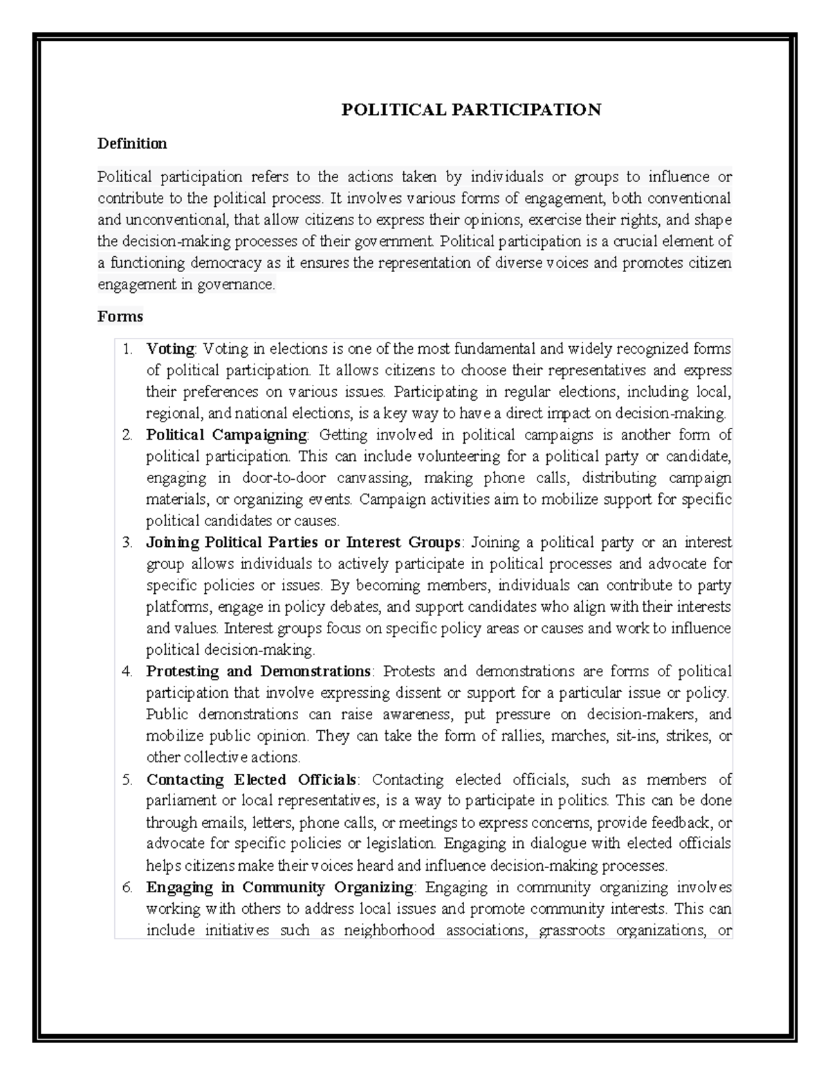 Political Participation - POLITICAL PARTICIPATION Definition Political ...