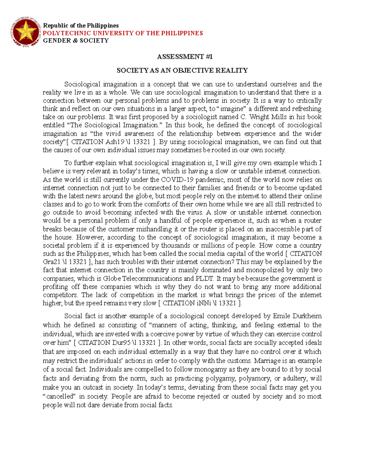 Gen Soc Assessment 1 Republic Of The Philippines Polytechnic