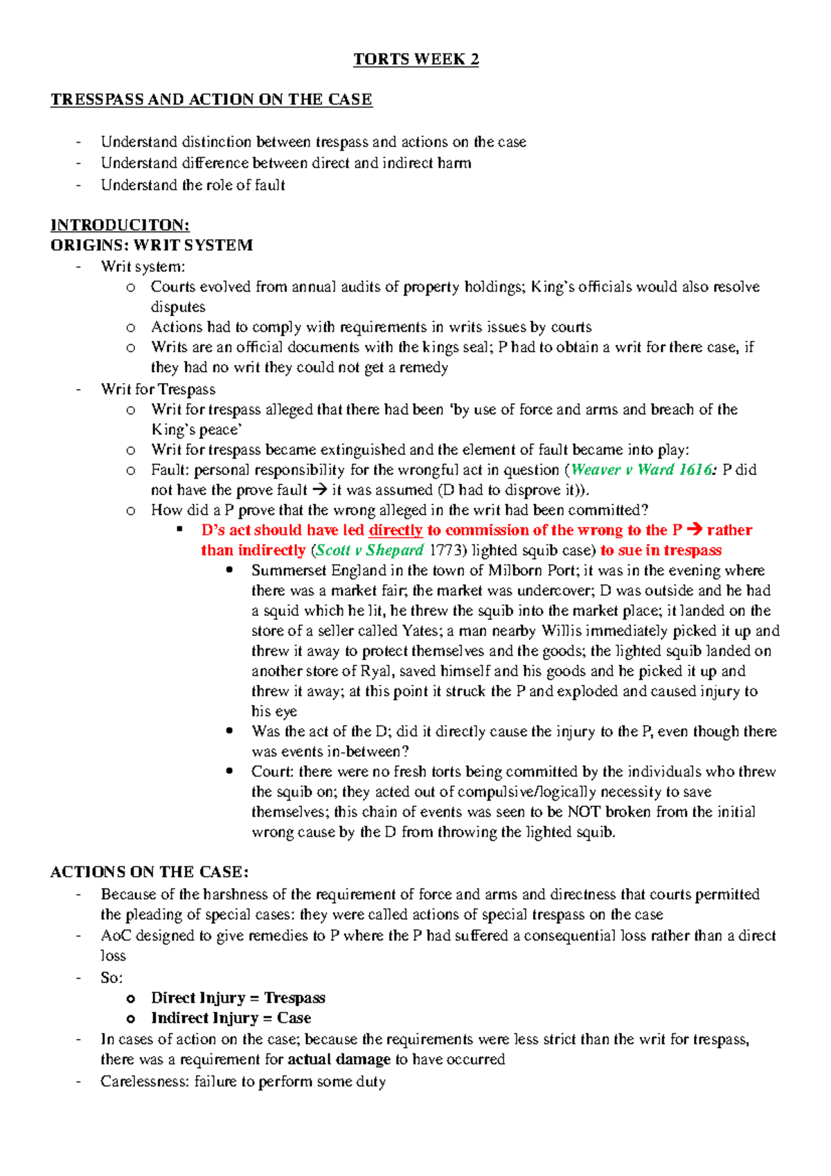 Torts Week 2 - Battery, Assault, False Imprisonment, Wilful Injury ...