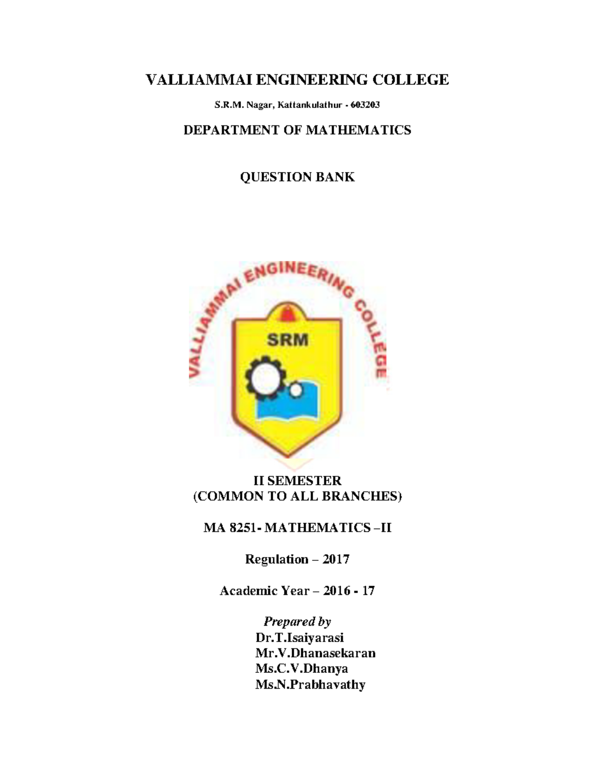 MA8251-Mathematics-II Practice Material - VALLIAMMAI ENGINEERING ...