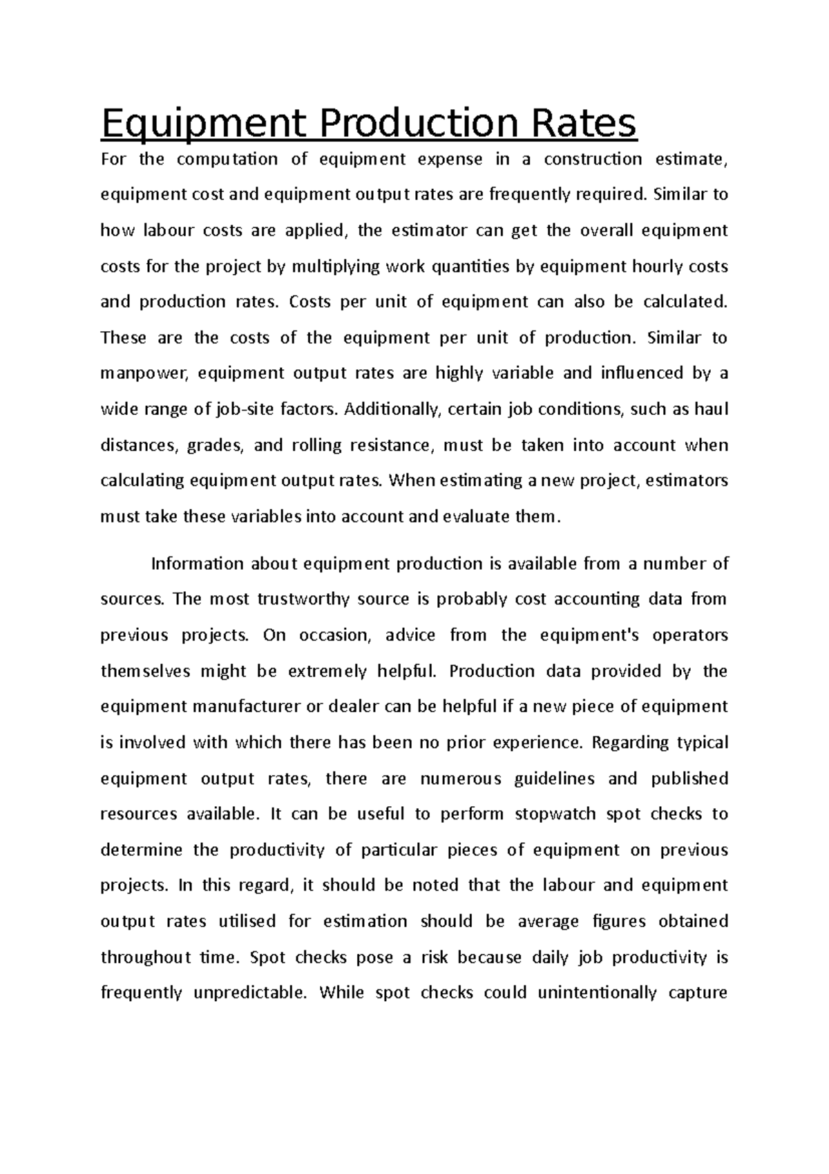 Equipment Production Rates - Similar To How Labour Costs Are Applied ...