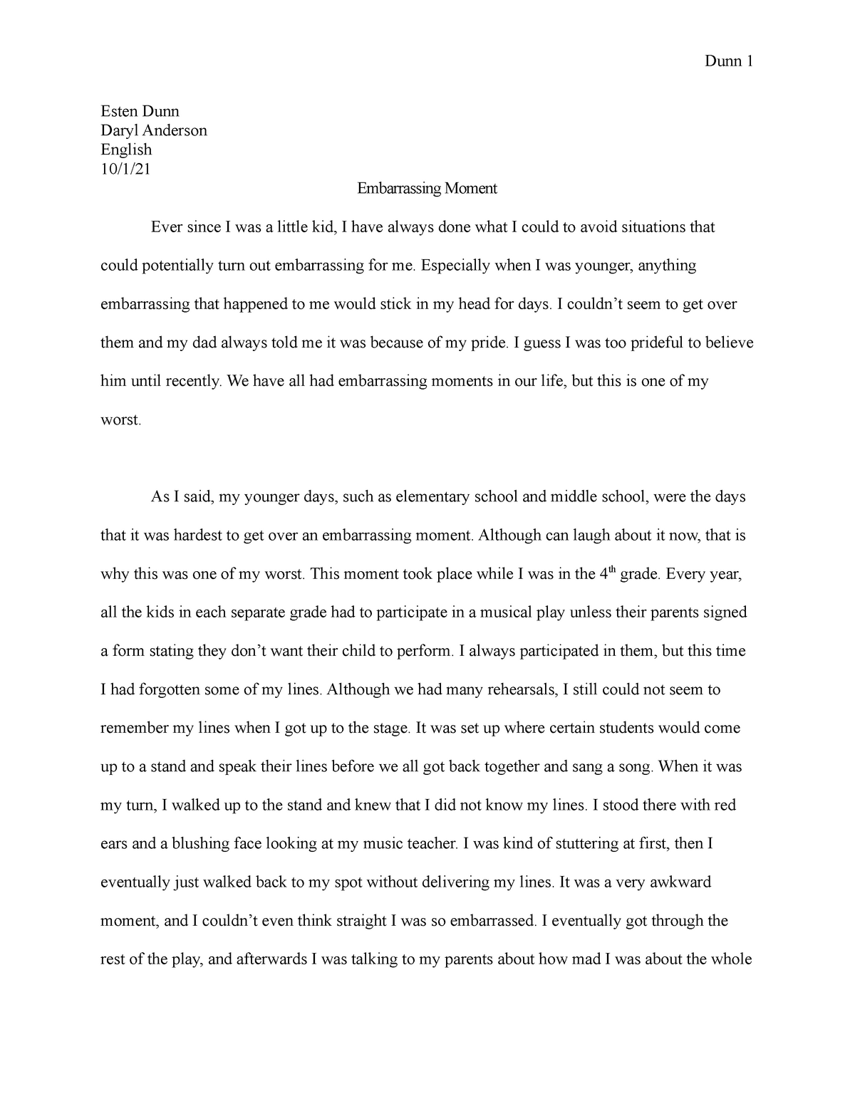 embarrassed moment essay