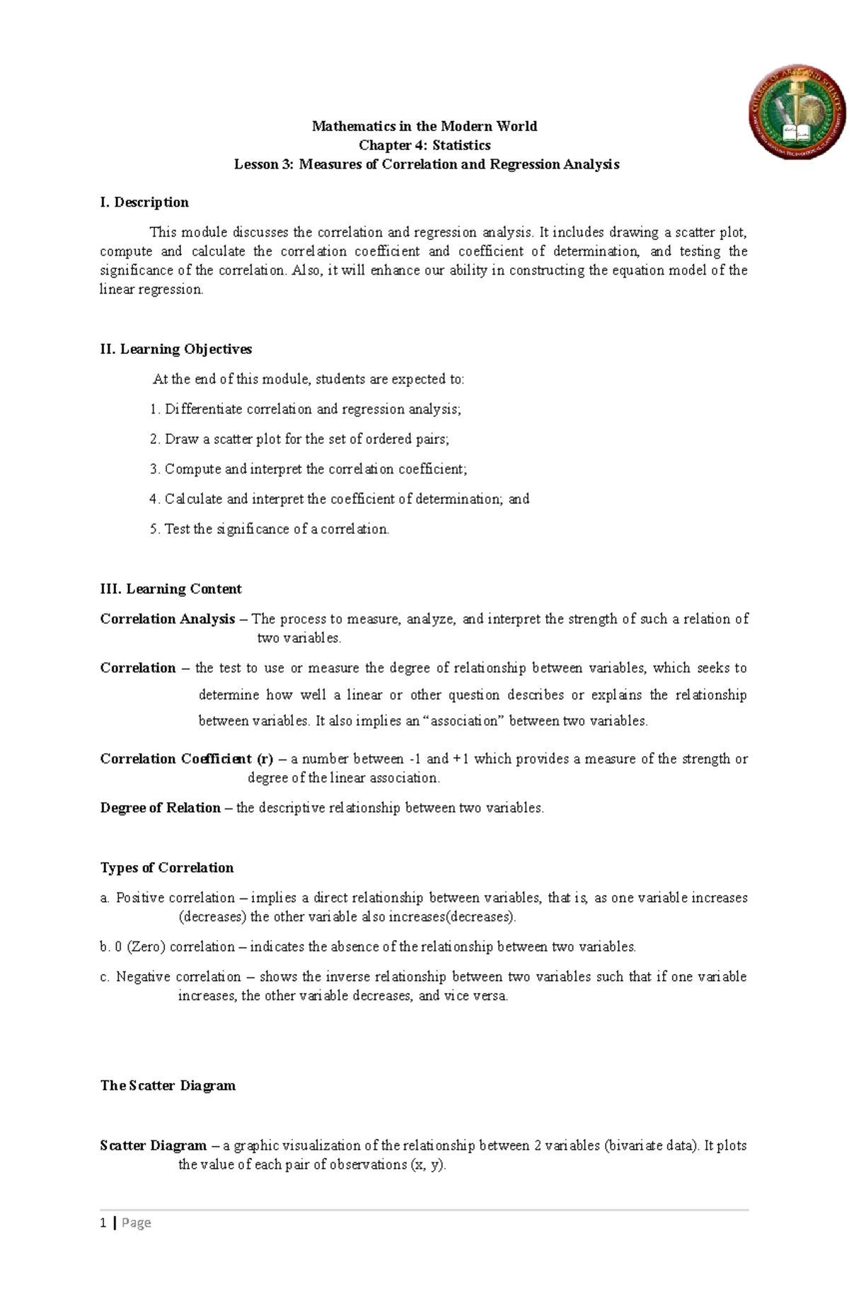 Lesson 6 - Correlation and Regression - Mathematics in the Modern World ...