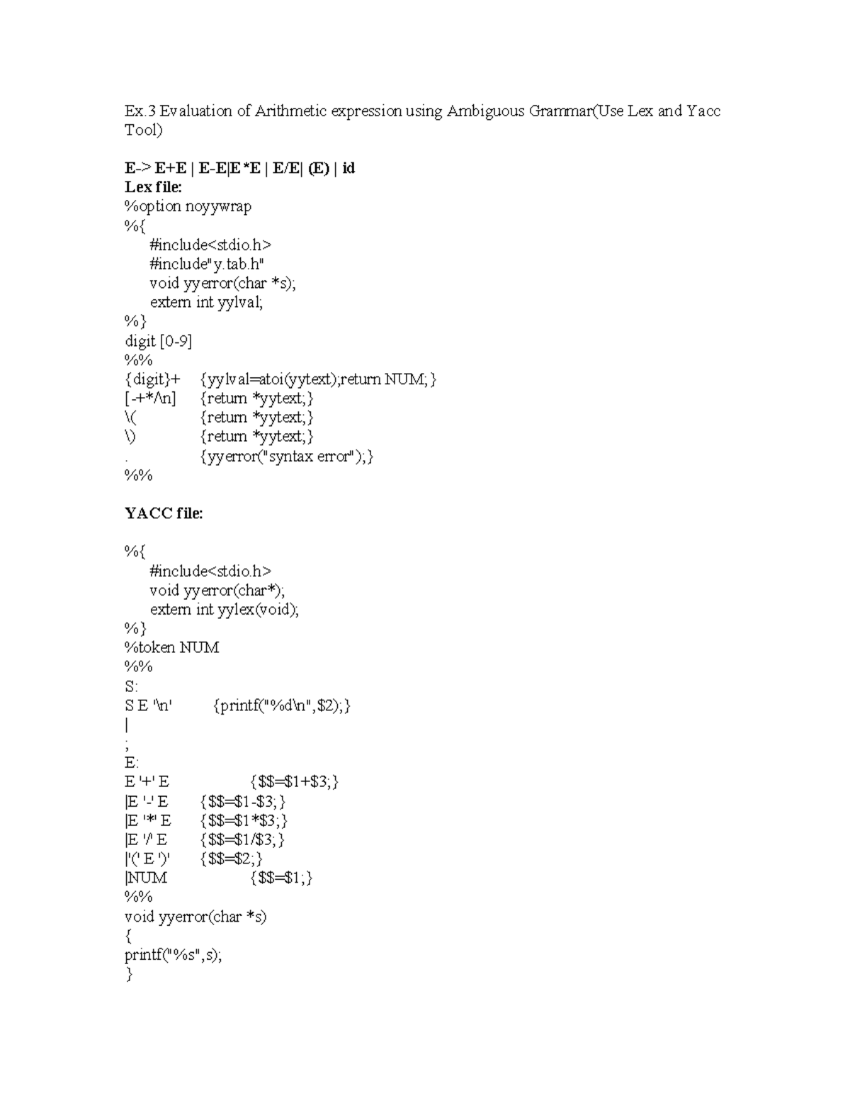 Exp 3 To 8- Compiler Design Lab - Ex Evaluation Of Arithmetic 