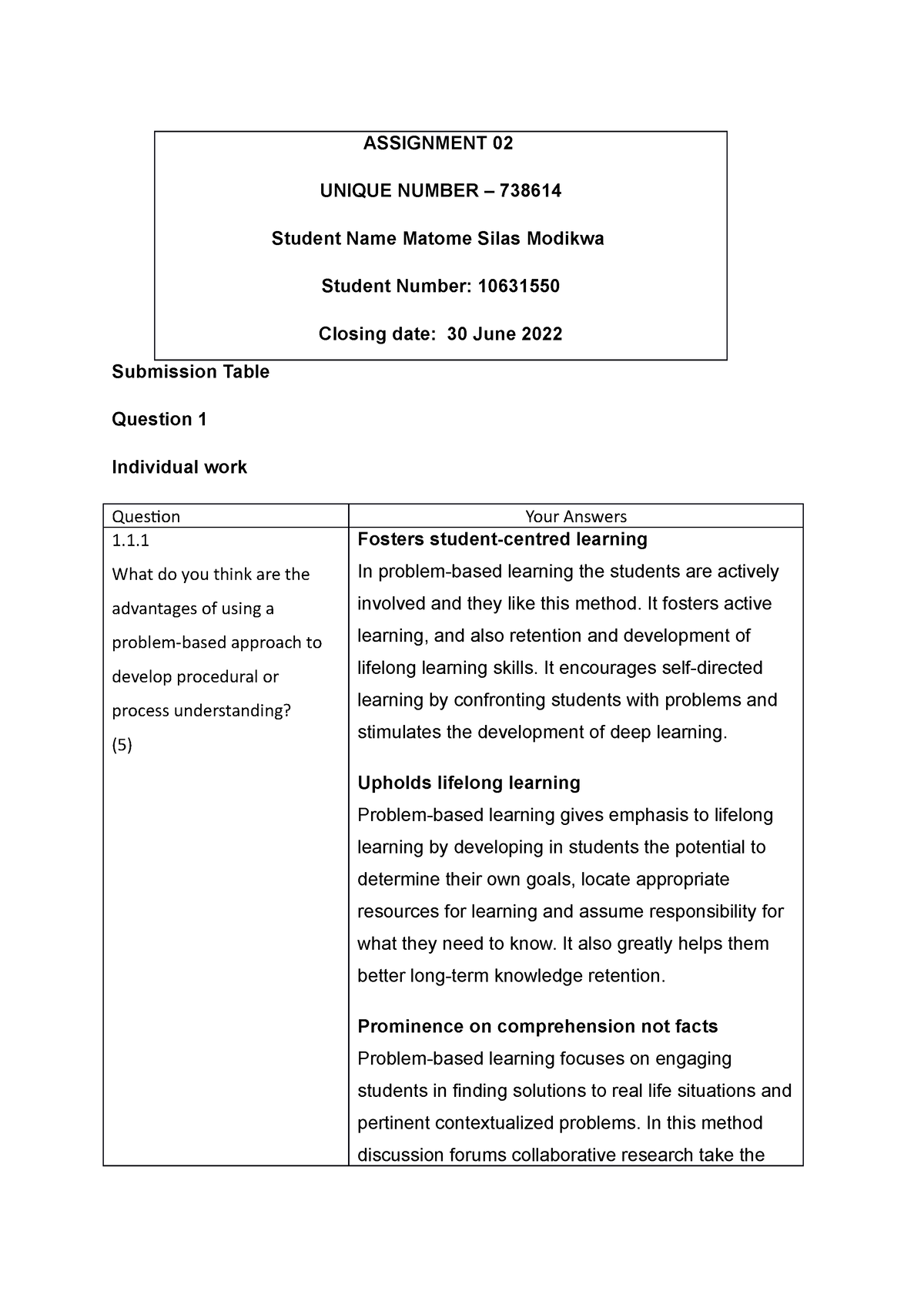 Assignment 2 Question 1 - Submission Table Question 1 Individual work ...