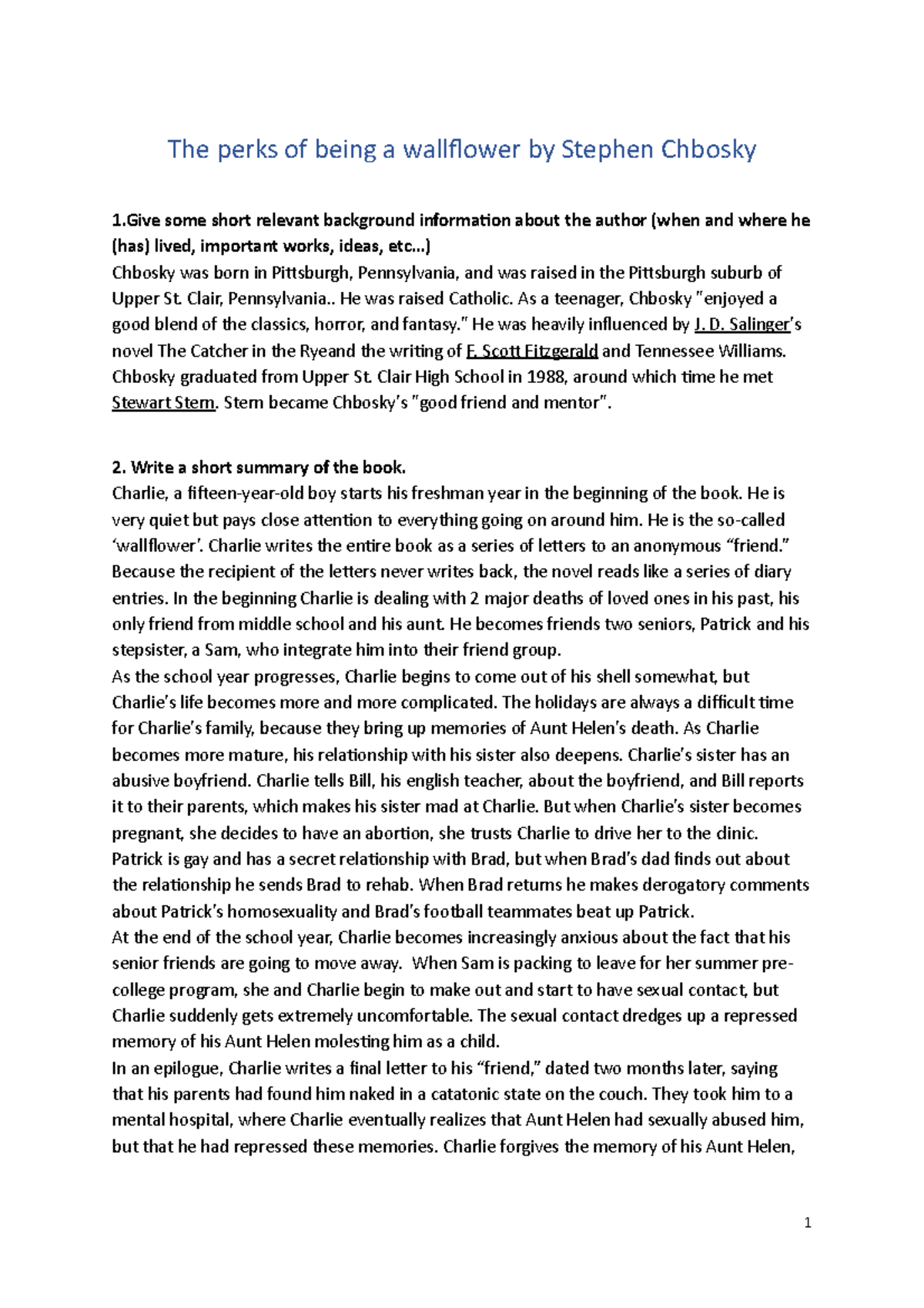 The perks of being a wallflower by Stephen Chbosky - ..) Chbosky was ...