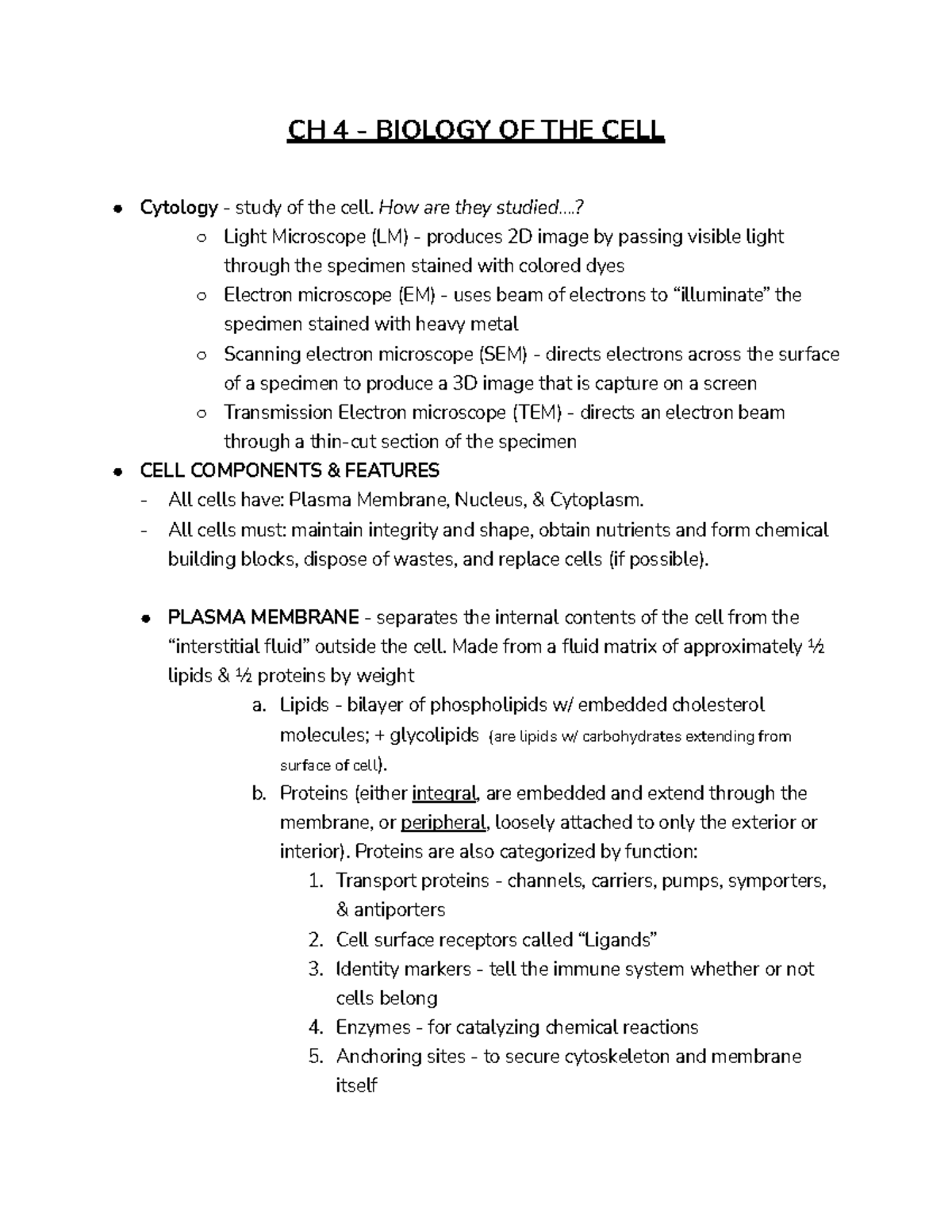 CH 4 - Biology OF THE CELL - CH 4 - BIOLOGY OF THE CELL Cytology ...