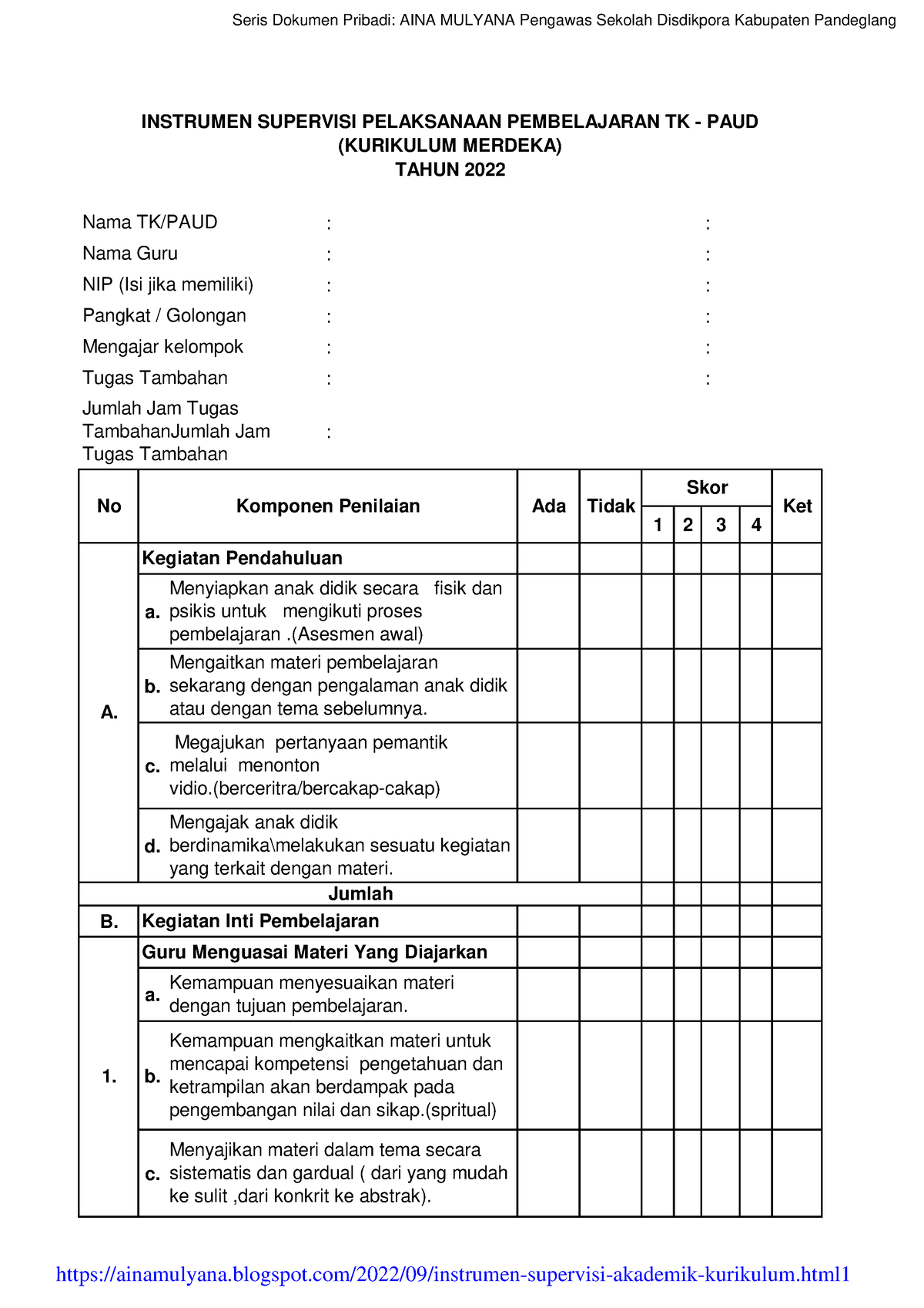 03 Instrumen Supervisi Tk Paud Ok 1 2 3 4 A