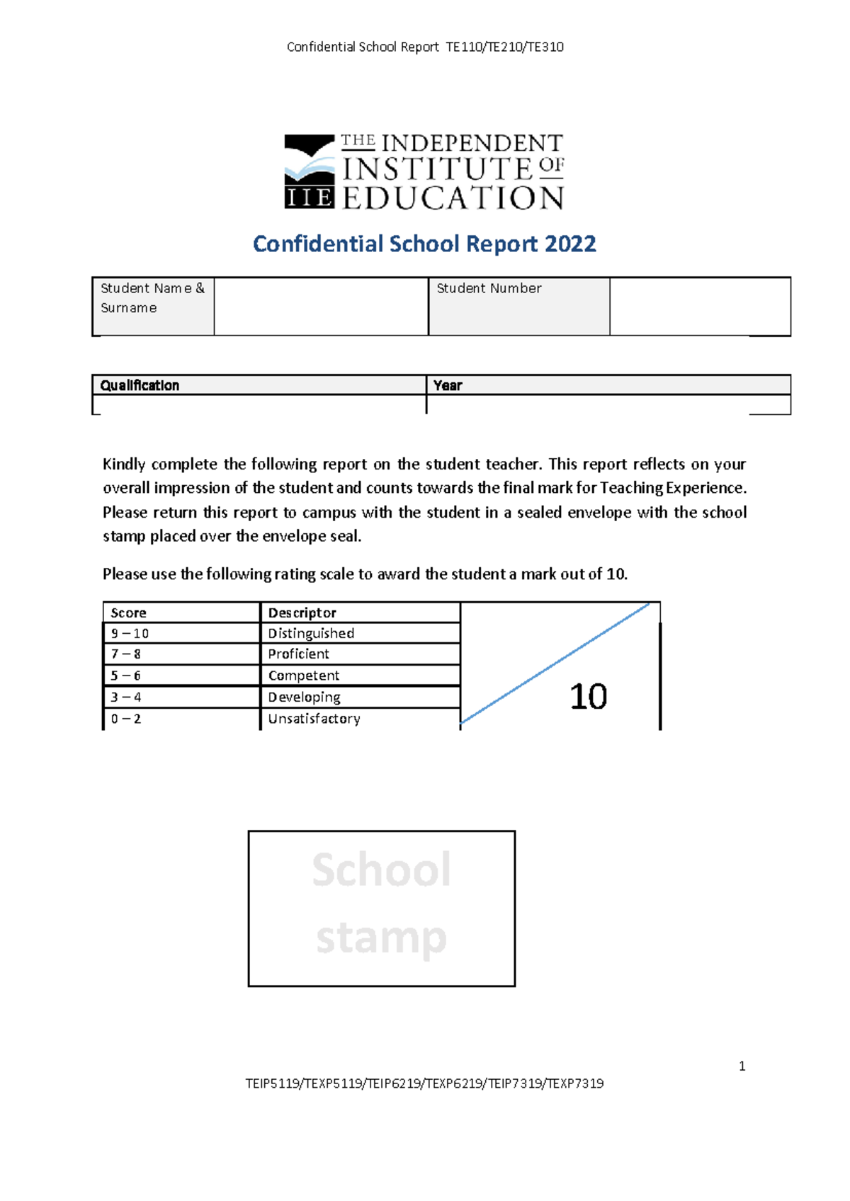 TEIP5119 TE110 School Report - Confidential School Report TE1 10 /TE2 ...