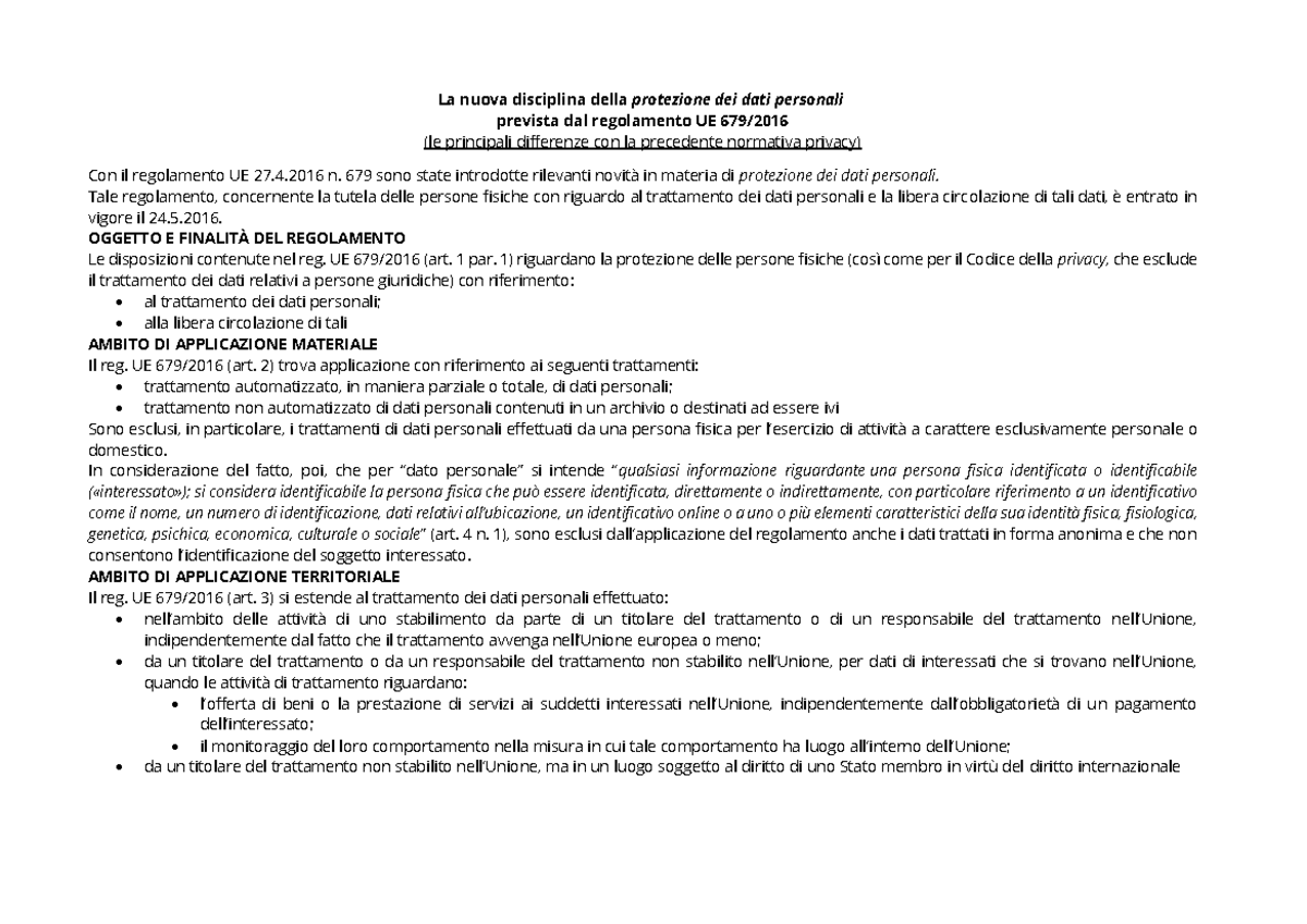 Regolamento Ue 679 Del 2016 Sintesi