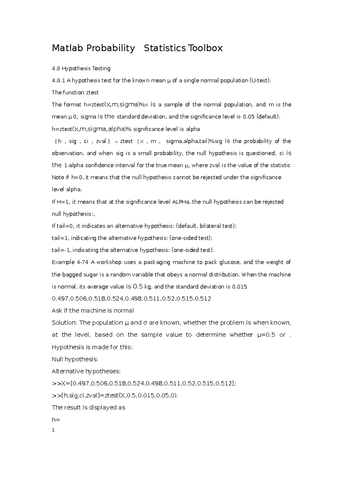 Matlab Probability Statistics Toolbox - 8 A hypothesis test for the ...