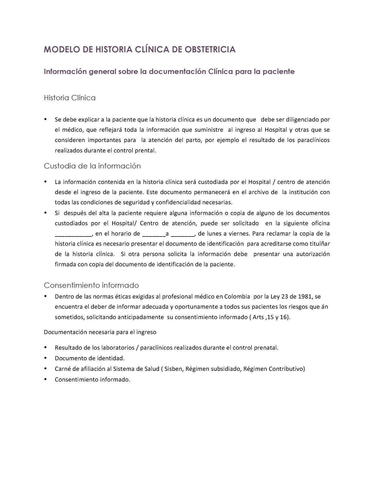Modelo Historia Clinica Obstetricia - MODELO DE HISTORIA CLÍNICA DE  OBSTETRICIA Información general - Studocu