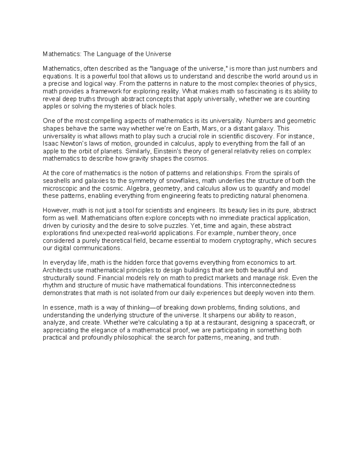 Math essay - Mathematics: The Language of the Universe Mathematics ...
