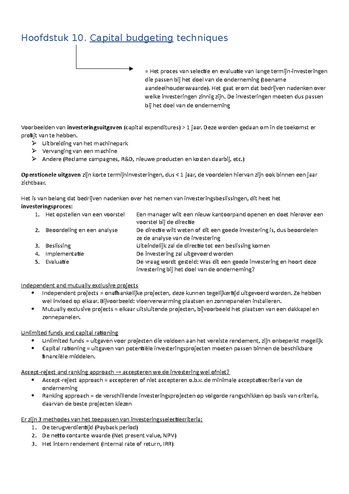 Samenvatting Financiering - Hoofdstuk 10. Capital Budgeting Techniques ...