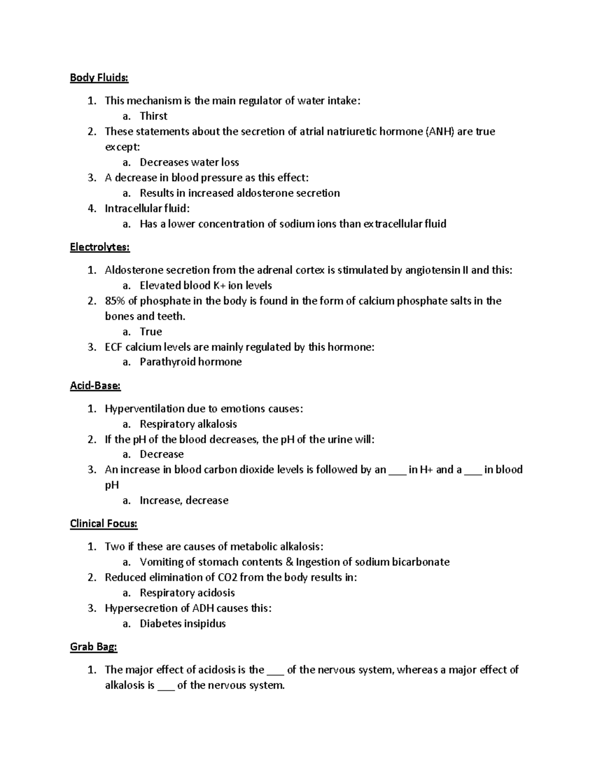 Practice Material - Body Fluids: This mechanism is the main regulator ...