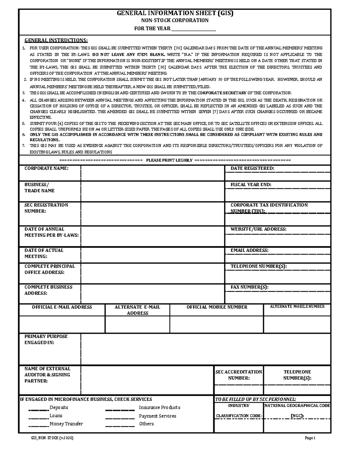 2020FORM GIS-Non-Stock - GENERAL INSTRUCTIONS: 1. 2. 3. 4. 5. 6. 7 ...