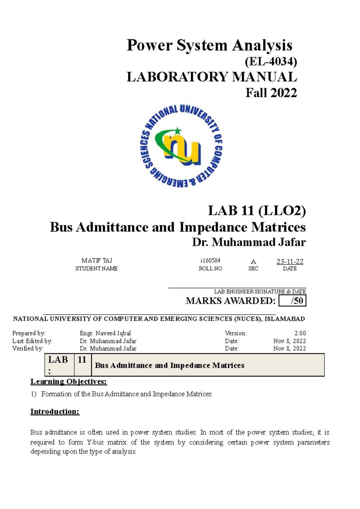 I160584 Muhammad Atif - Lab 11-Bus Admittance and Impedance Matrices ...