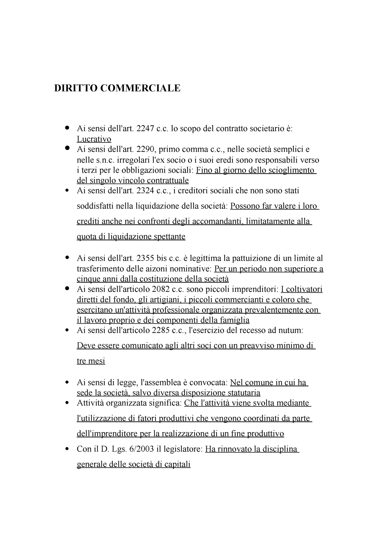 Diritto Commerciale Avanzato LM-77 Magistrale - DIRITTO COMMERCIALE  Ai  sensi dell'art. 2247 c. lo - Studocu