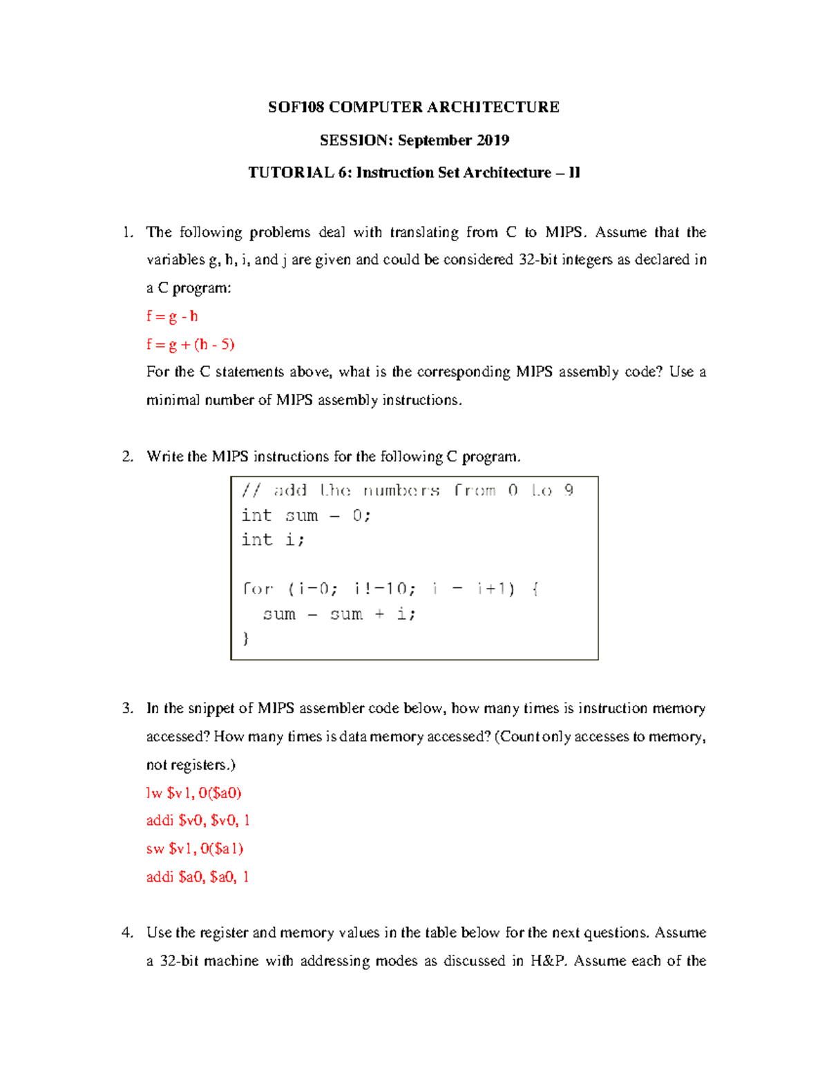 Chapter 6 tutorial - SOF108 COMPUTER ARCHITECTURE SESSION: September ...