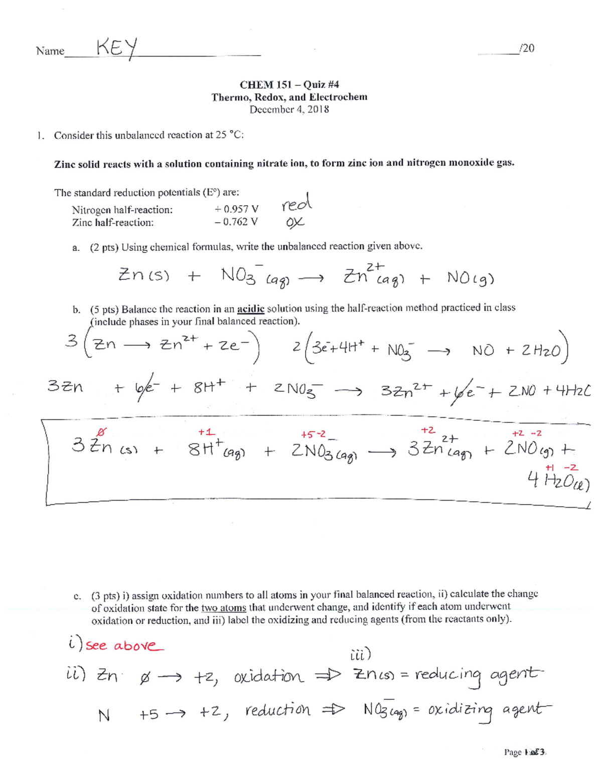 CHEM 151 Quiz #4 KEY - Answer Key - CHEM 151 - Studocu