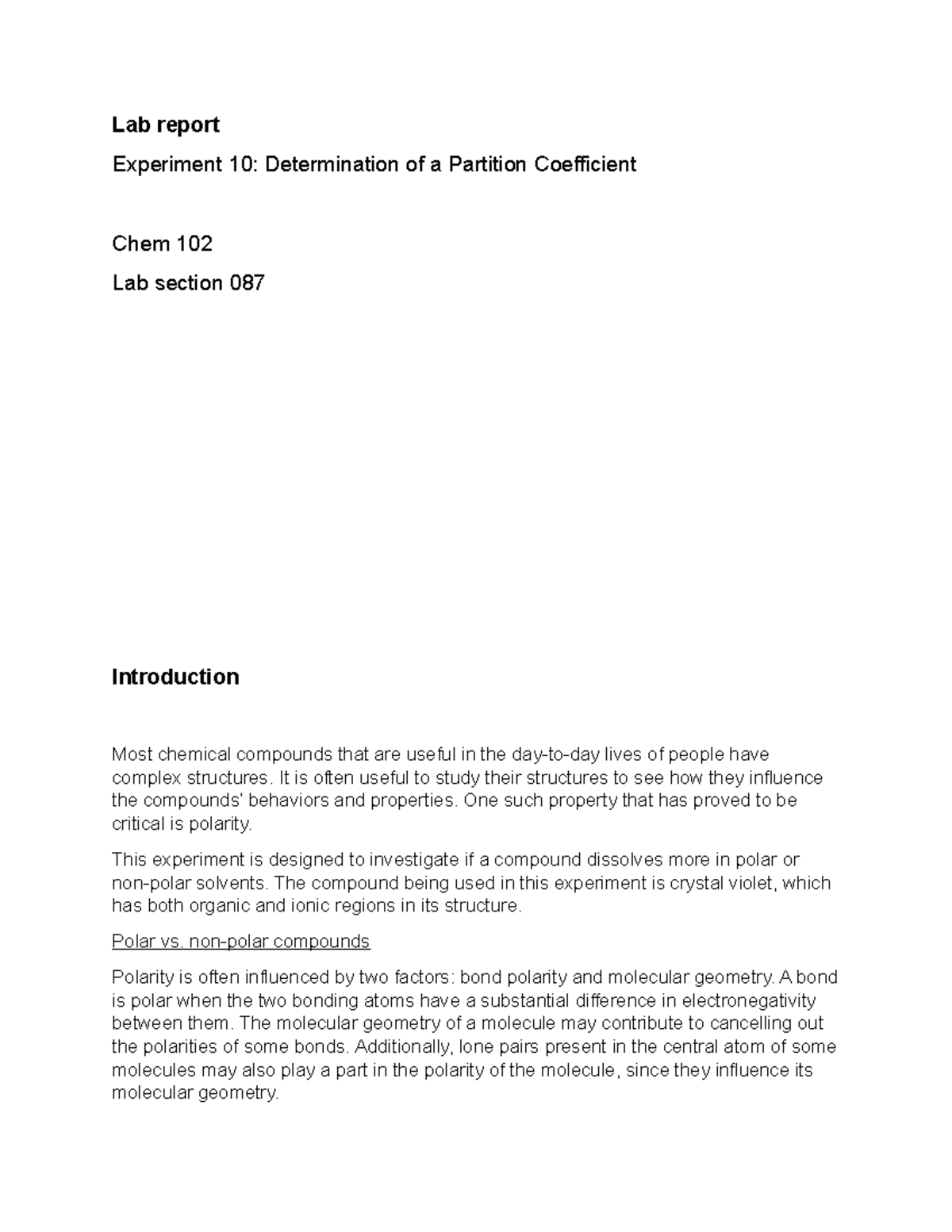 Experiment Determination Of A Partition Coefficient Lab Report