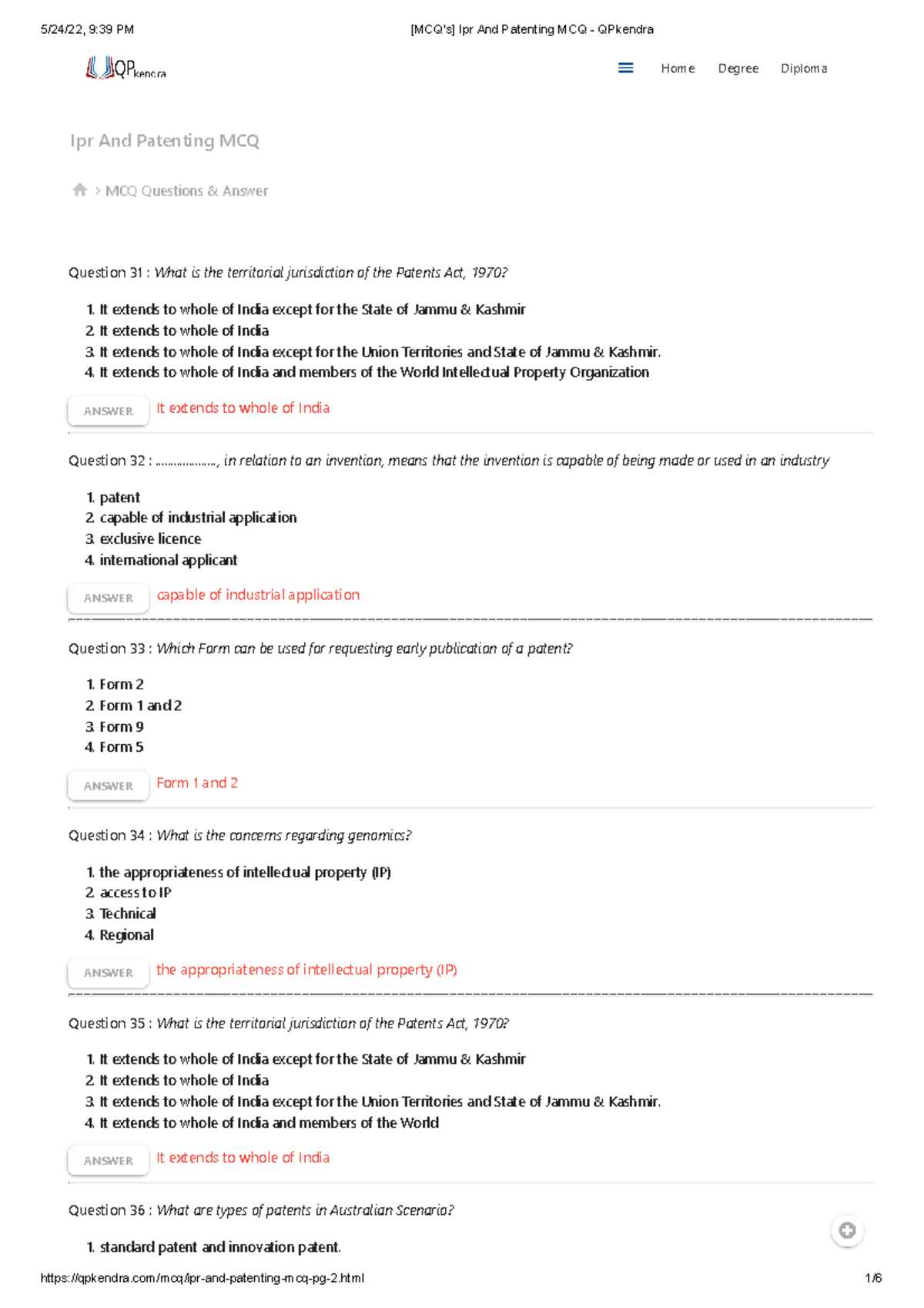 [mcq's] Ipr And Patenting Mcq - Qpkendra - Question 31 : What Is The 