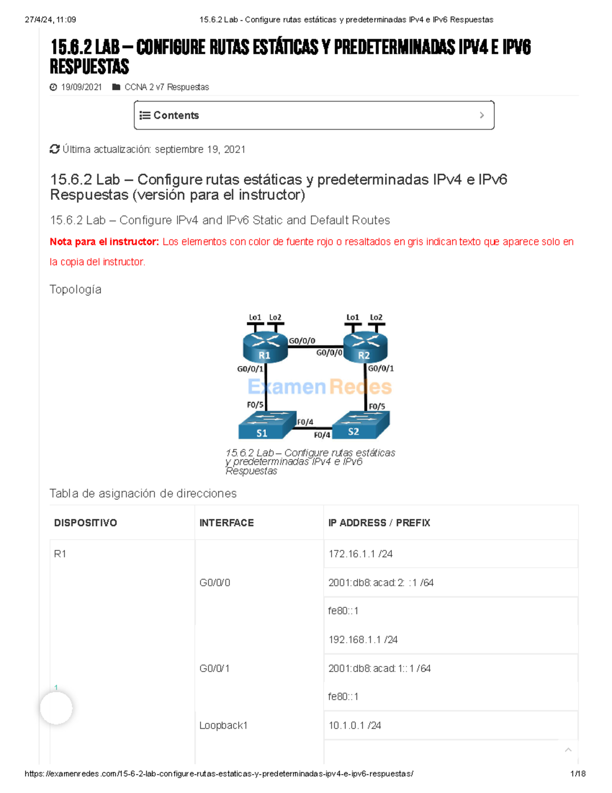 1562 Lab Configure Rutas Estáticas Y Predeterminadas Ipv4 E Ipv6 Respuestas 156 Lab 9641