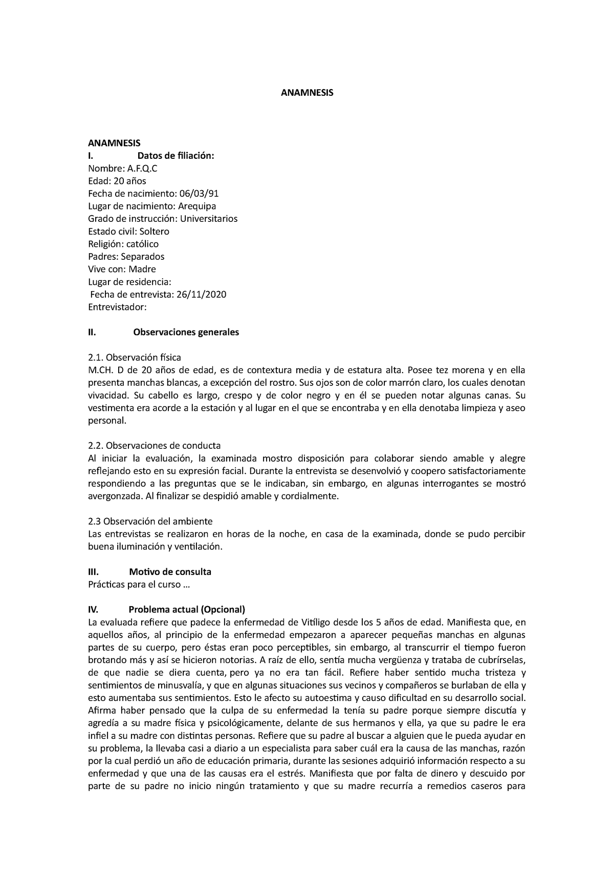 Ejemplo De Anamnesis El Documento Esta Completo Anamnesis Anamnesis I Datos De Filiación 5177