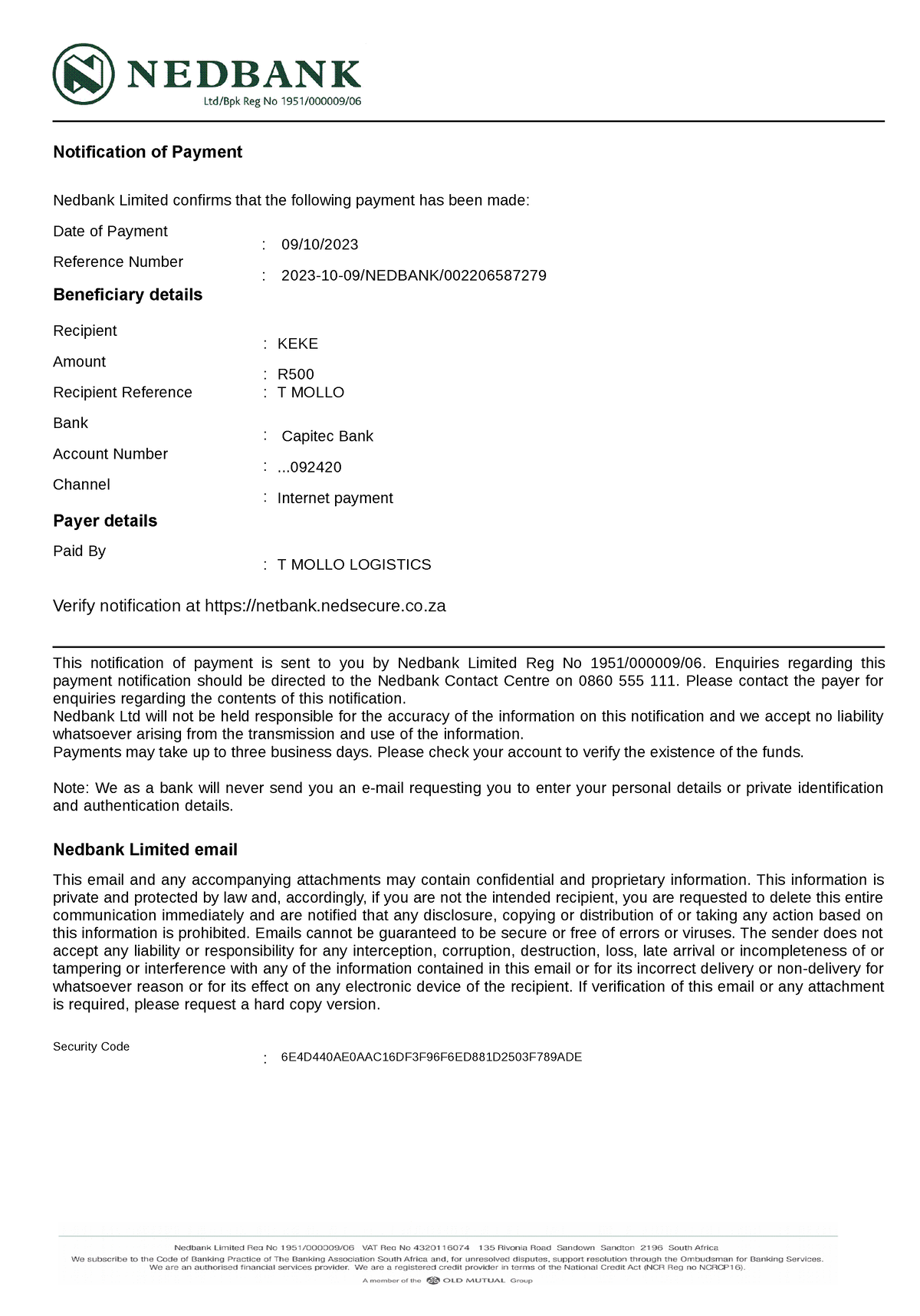 Nedbankpaymentnotification Notification of Payment Nedbank Limited