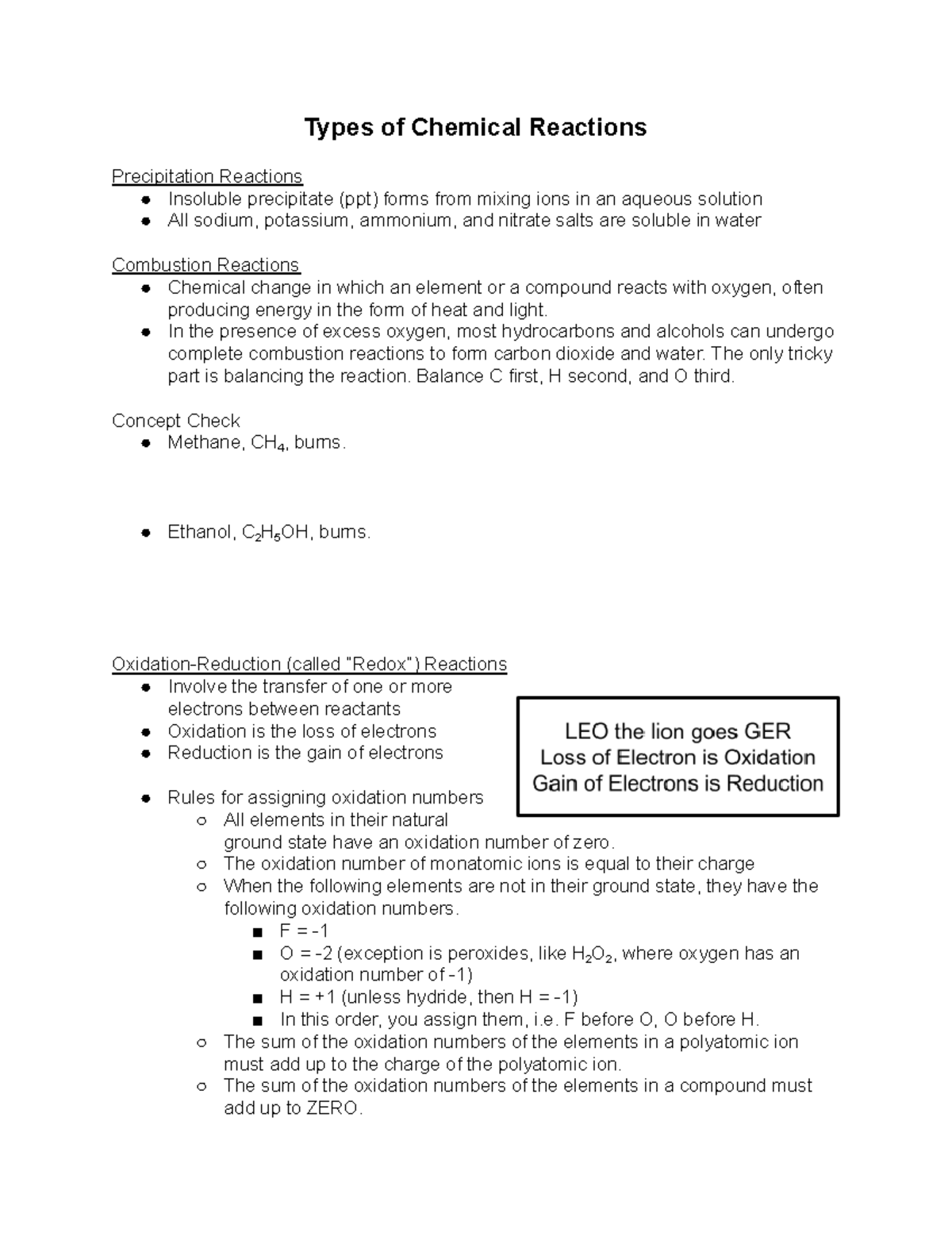 Chemical Reaction Type Notes Types of Chemical Reactions