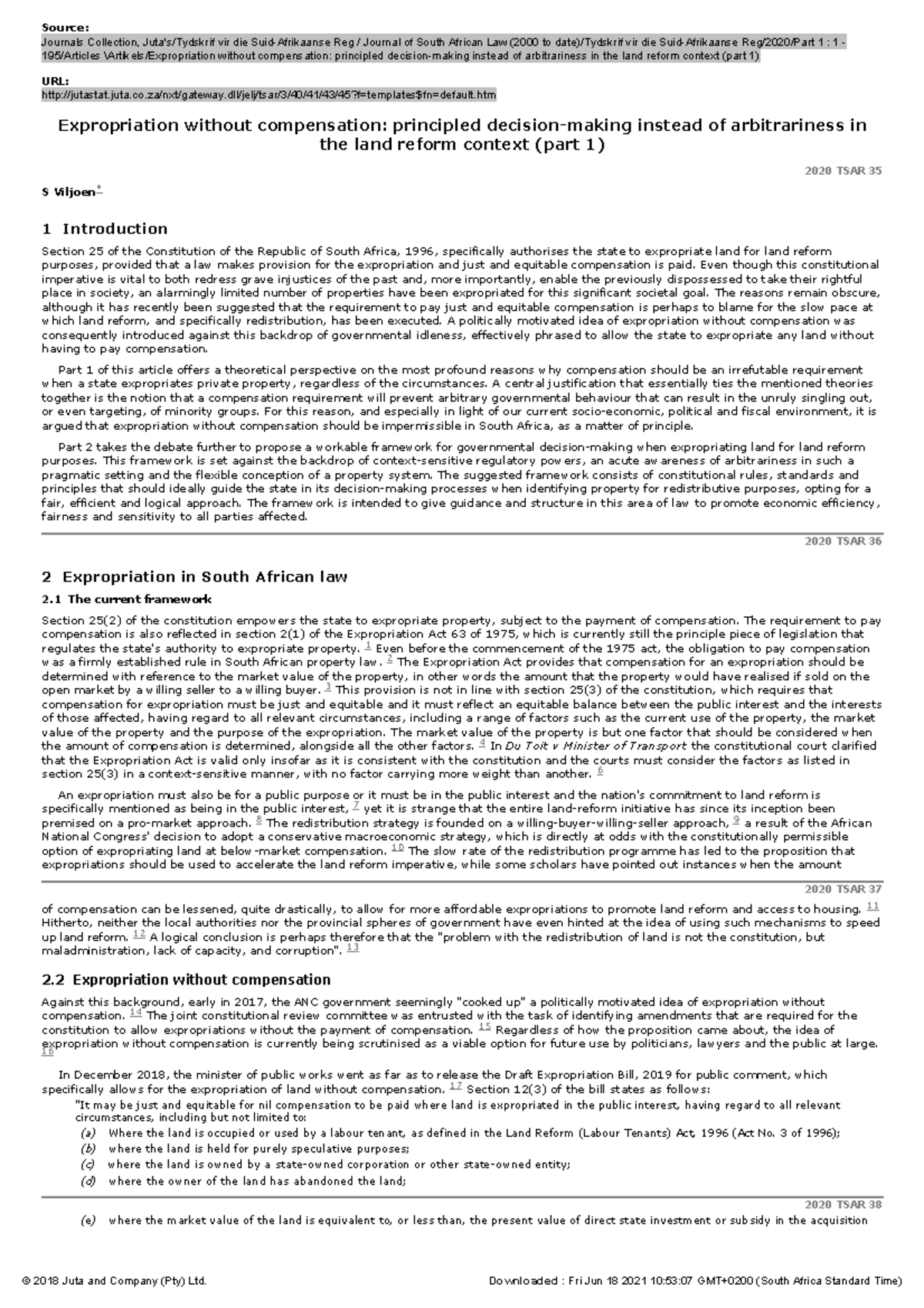 Viljoen, Expropriation without compensation principled decision