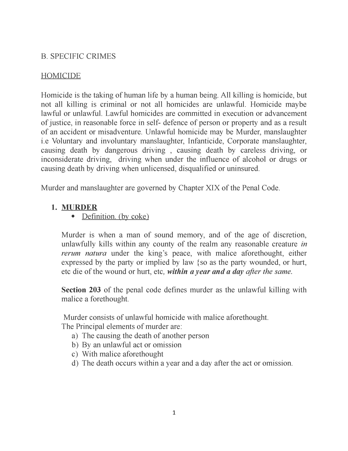 Notes- Homicide AND MANSLAUGHTER ON CRIMINAL LAW - B. SPECIFIC CRIMES ...