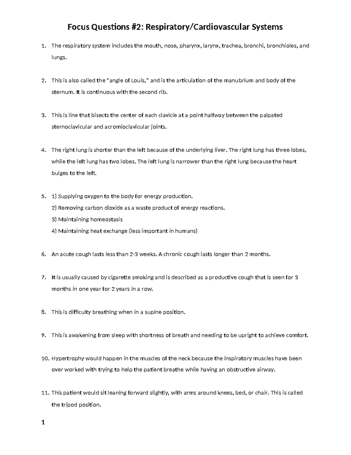 Focus Questions- Respiratory & Cardiovascular Systems - Focus Questions ...