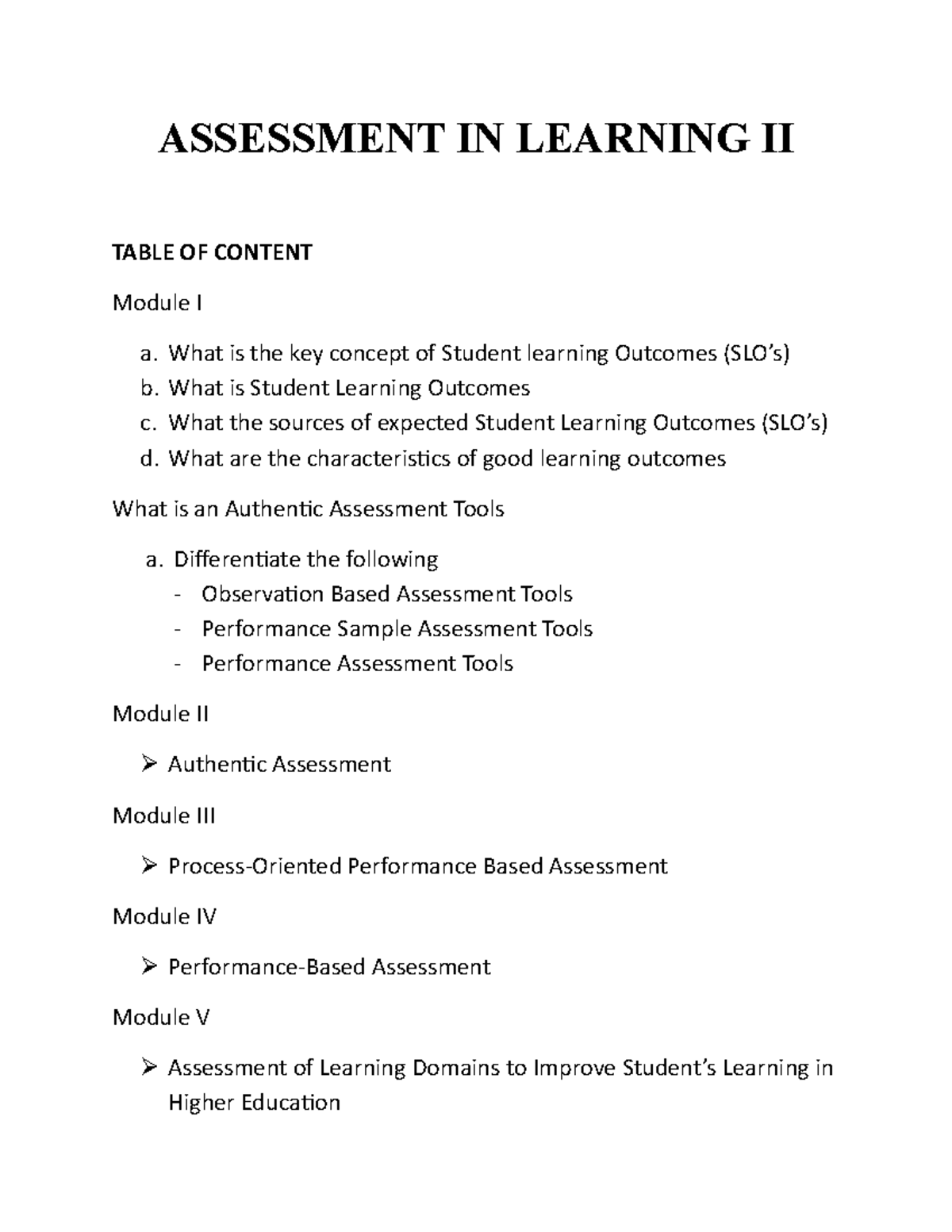 PAGE Cover - For Education course students - ASSESSMENT IN LEARNING II ...