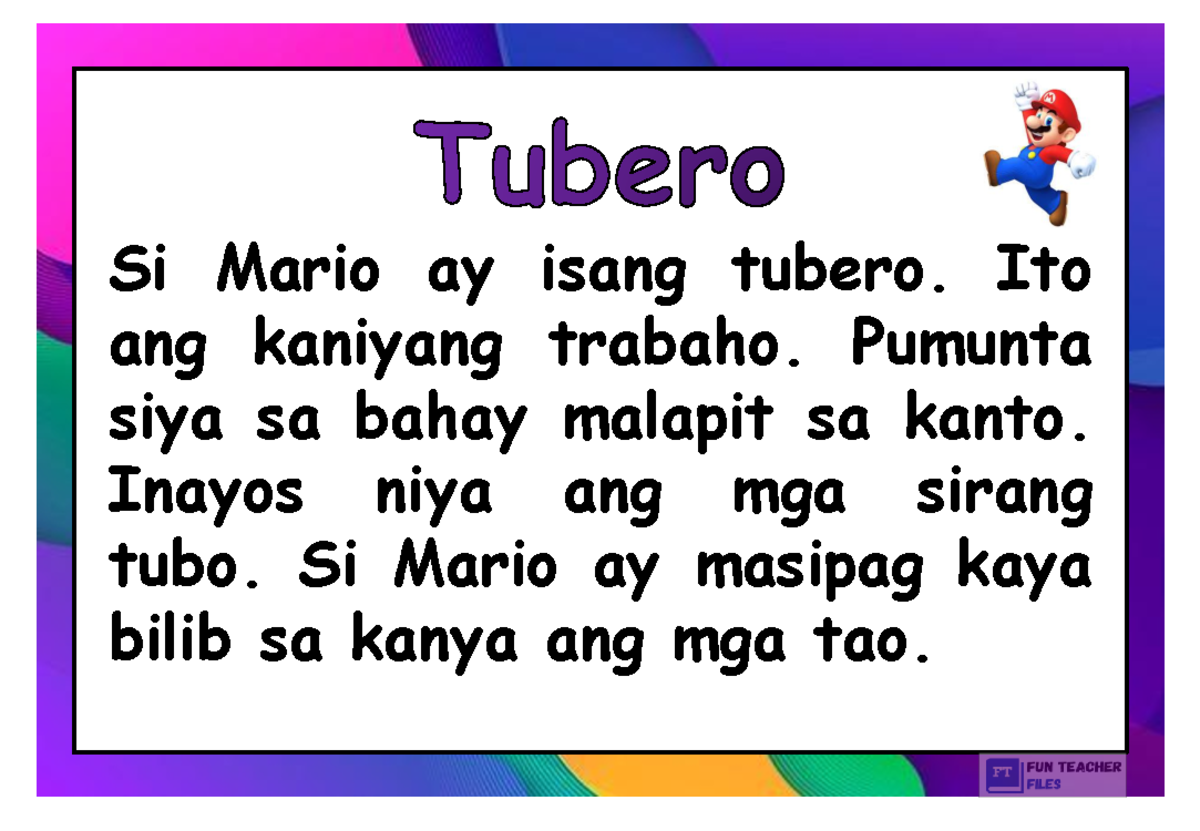 Filipino Reading Passages Set 4 Si Mario Ay Isang Tubero Ito Ang 
