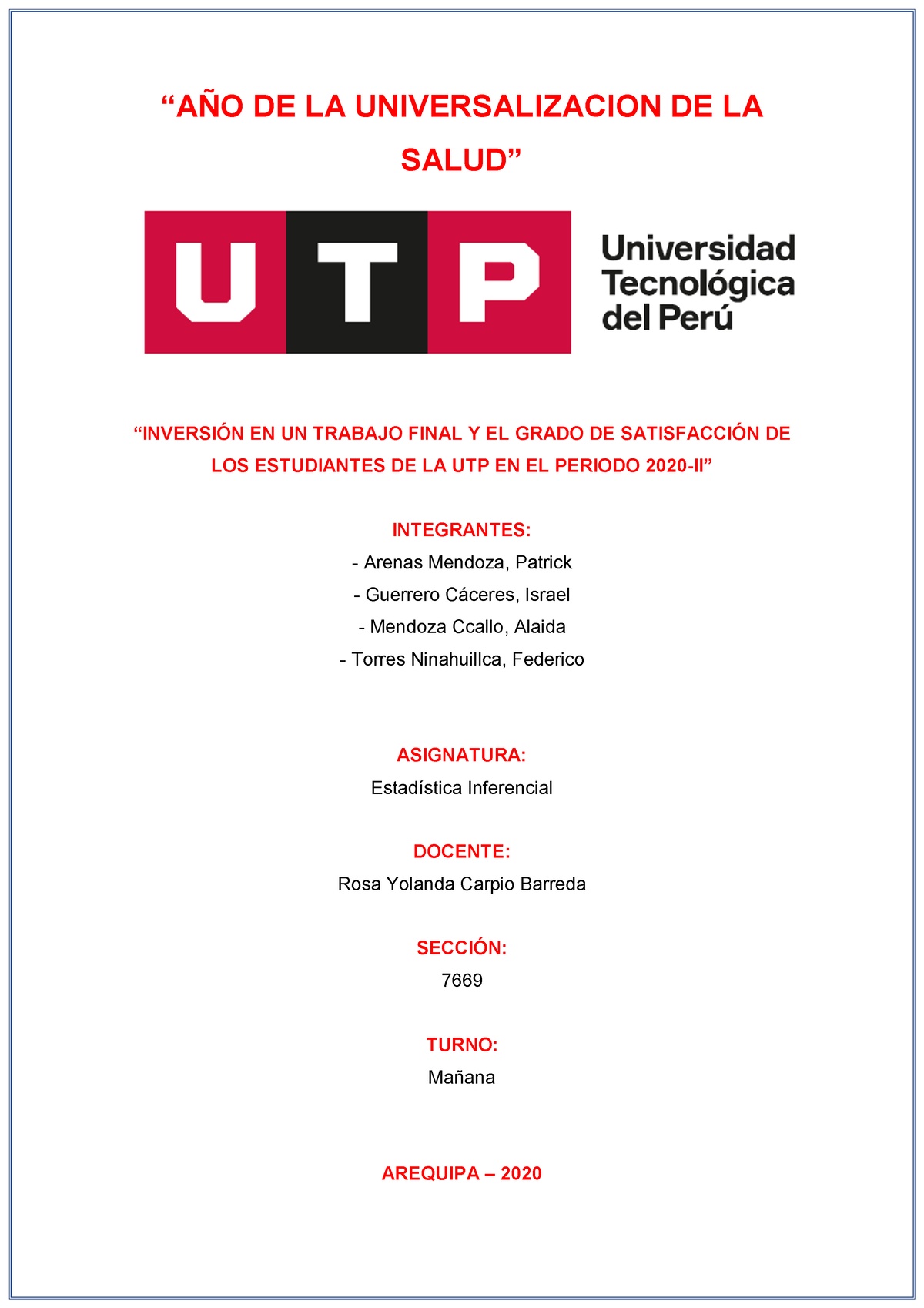 Estadistica Inferencial Trabajo Final Completado - UTP - Studocu