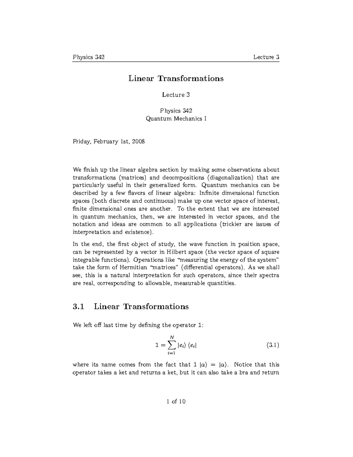 Lecture - Practice - Physics 342 Lecture 3 Linear Transformations ...