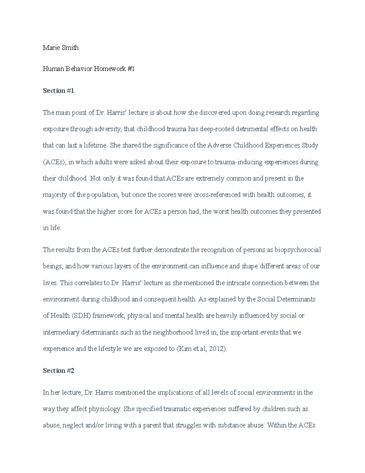 Human Behavior HW - Marie Smith Human Behavior Homework # Section # The ...