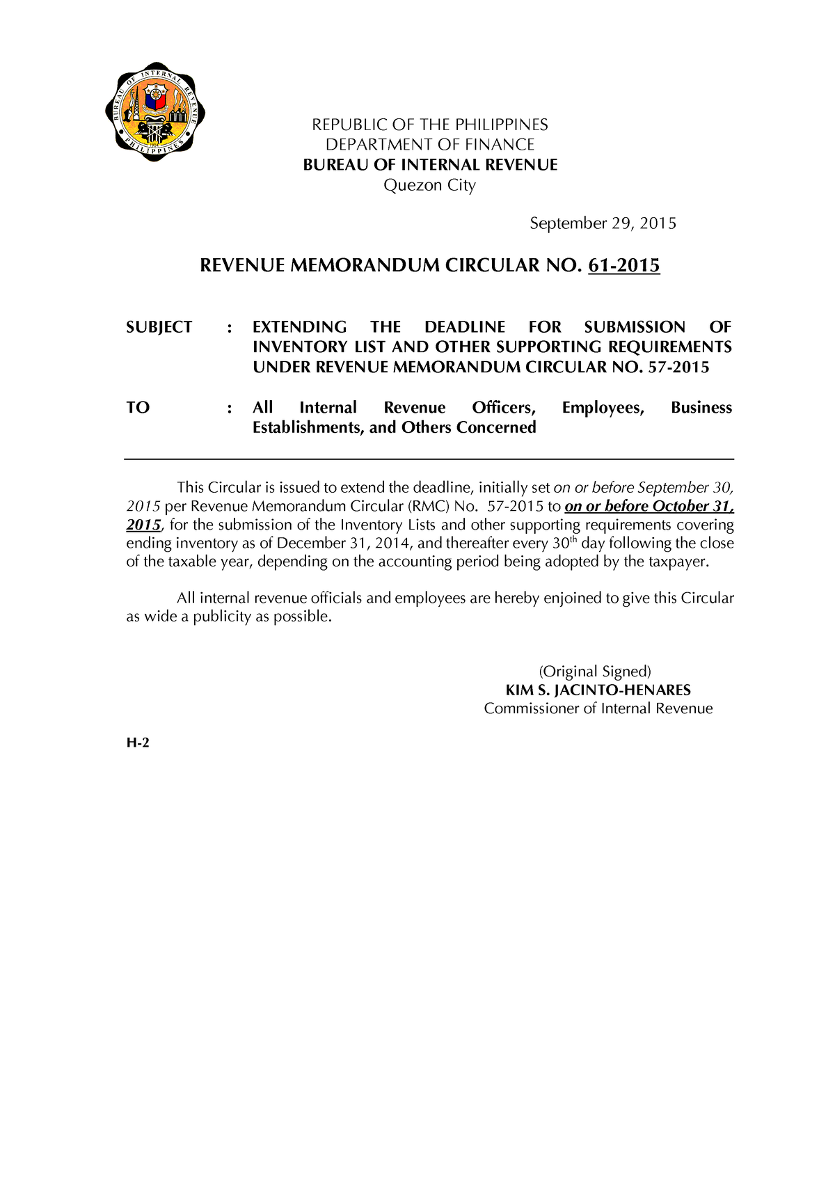 BIR RMC 201561 Extension for Deadline of Filing Annexes of RMC 57