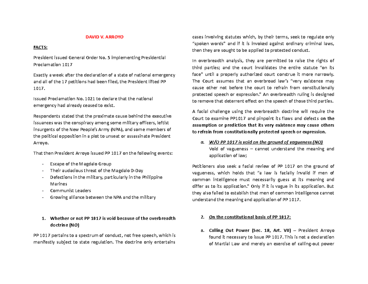 Case Digest of David v. Arroyo - DAVID V. ARROYO FACTS: President ...