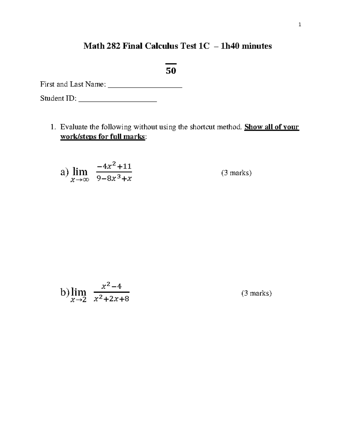 Test 1C - Math 282 - fall2021 - Math 282 Final Calculus Test 1C – 1h40 ...