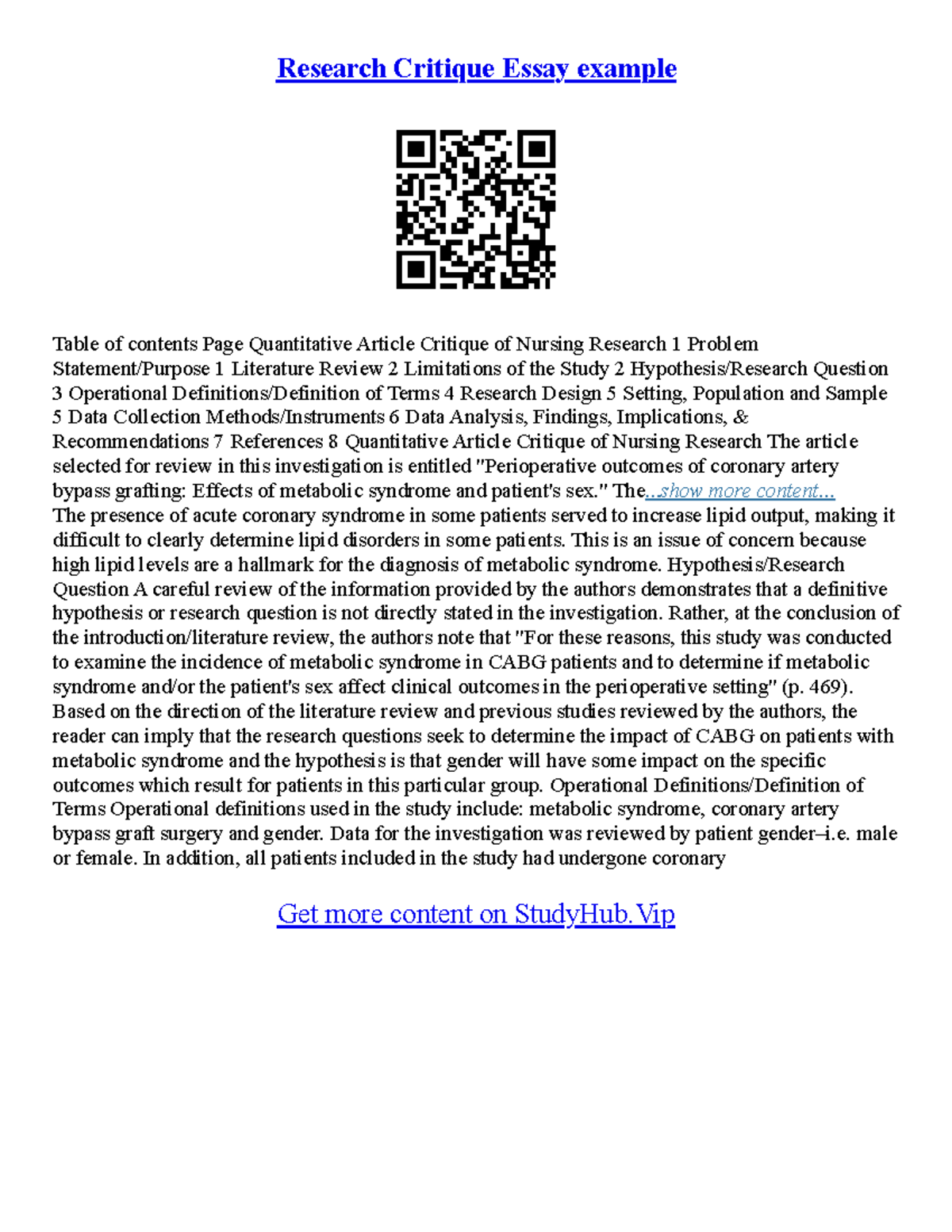 Sample Critique Essay - Research Critique Essay example Table of ...