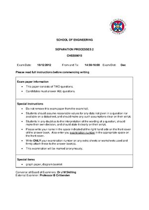 2022 Dec Past Paper - SCHOOL OF ENGINEERING SEPARATION PROCESSES 2 CHEE ...